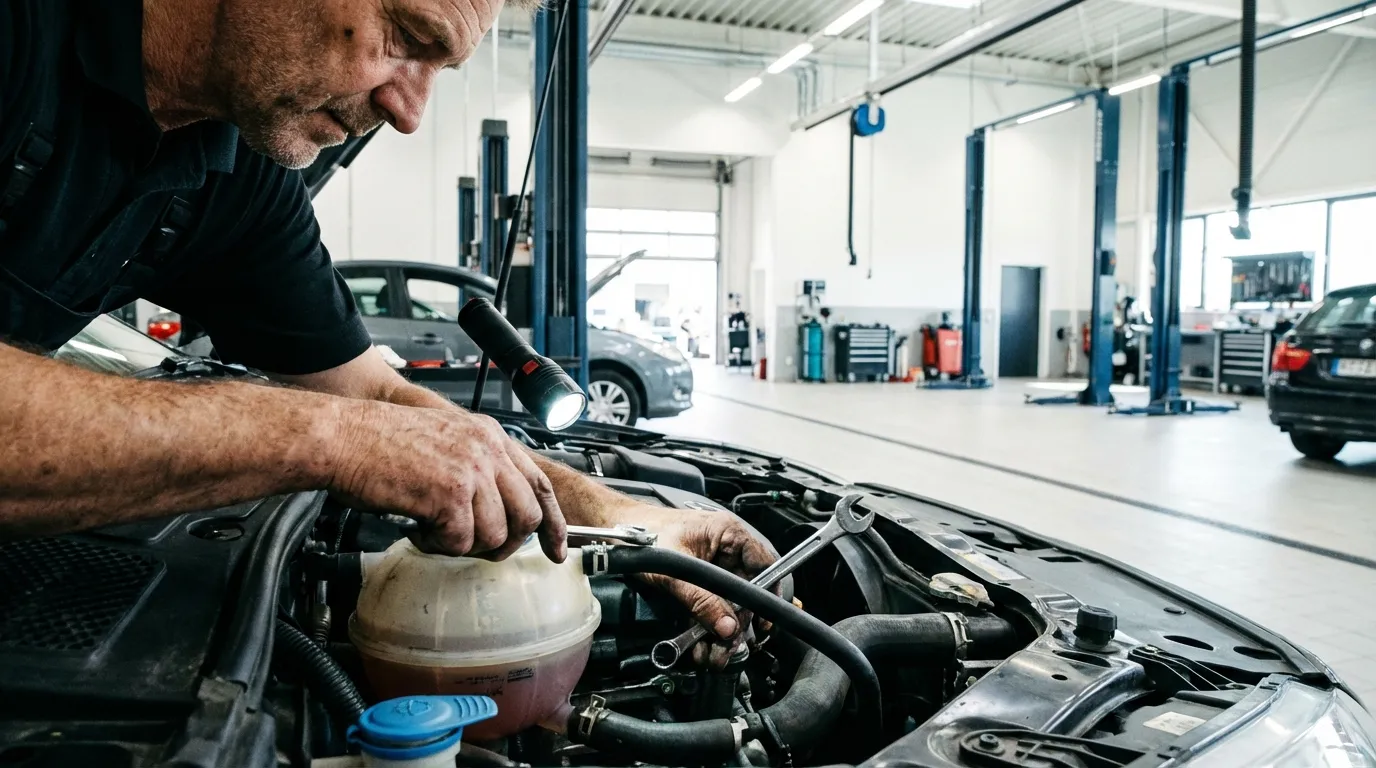 Technician inspecting car cooling system