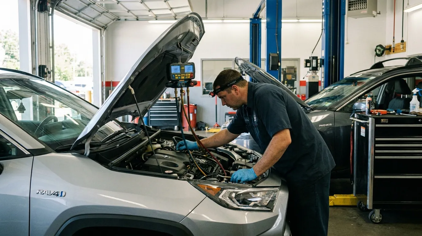 Technician checking modern car AC system