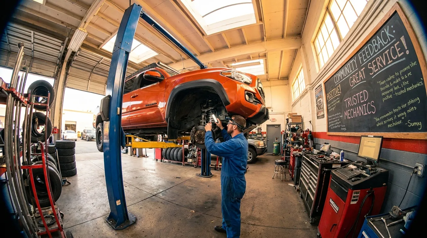 Technician inspecting front suspension and steering components on a raised vehicle
